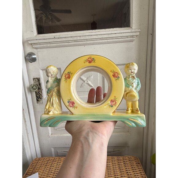 Antique 30s Porcelain Clock Case Frame Boy Girl on ends Roses Green Yellow - Picture 4 of 11